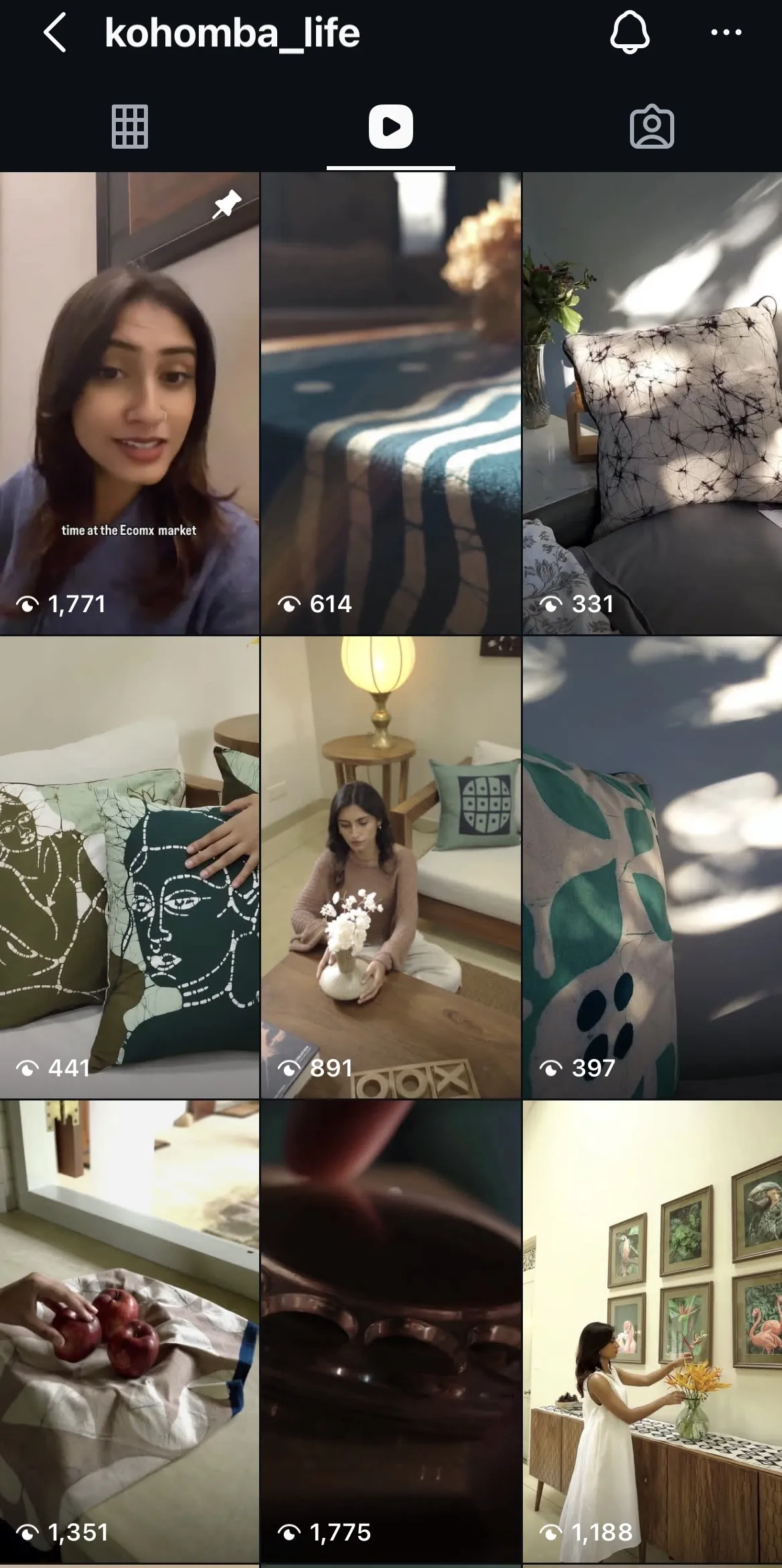 Kohomba reels grid with view counts from 331 to 1,775