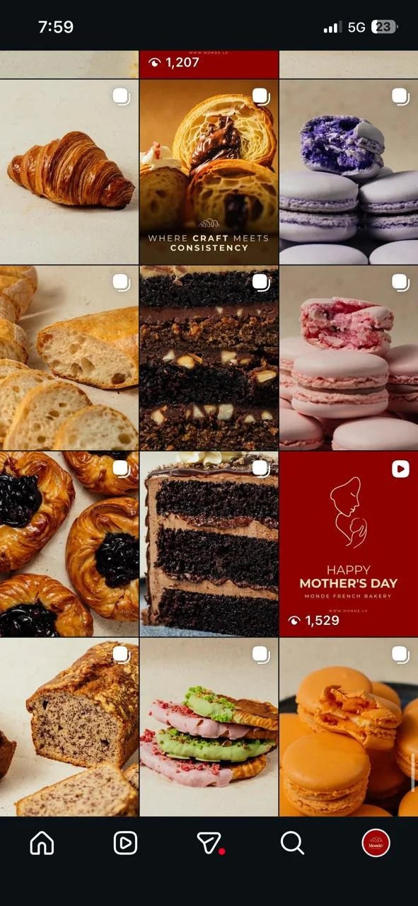 Monde Instagram grid of bakery posts with reach counts
