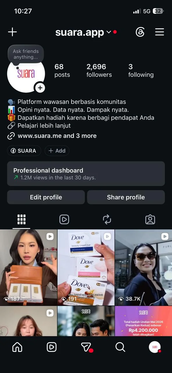Suara Instagram profile: 68 posts, 2,696 followers