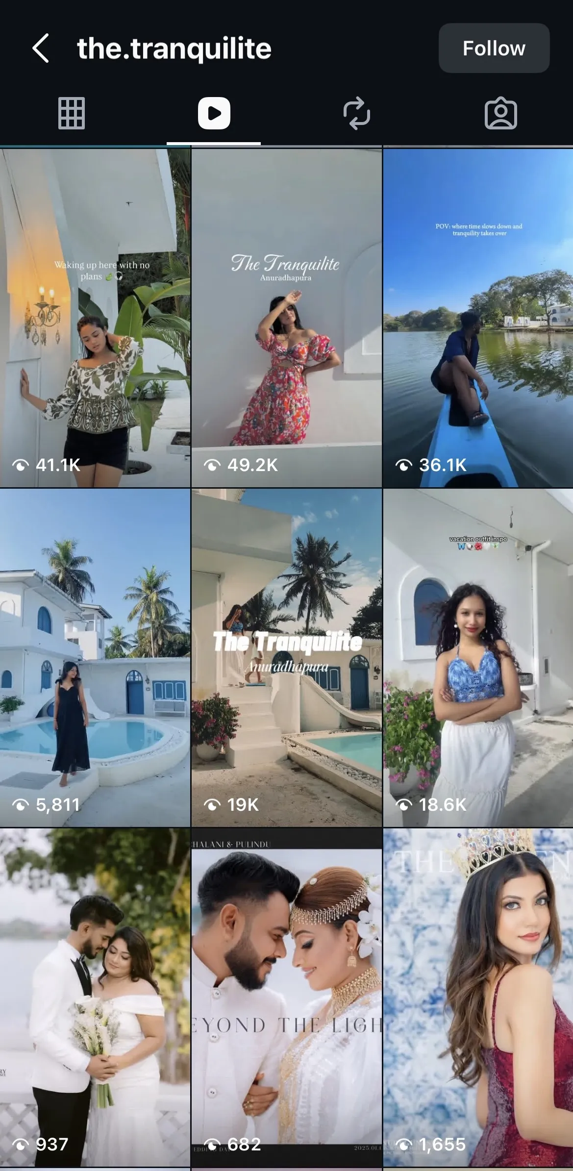 The Tranquilité reels grid: 49.2K, 41.1K and 36.1K view villa reels